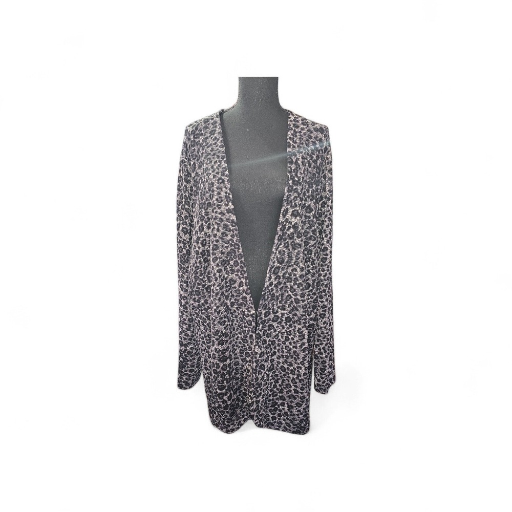 Maggie Barnes Catherines‎ Womens 3X Cardigan Grey Leopard Print Hook Eye Closure